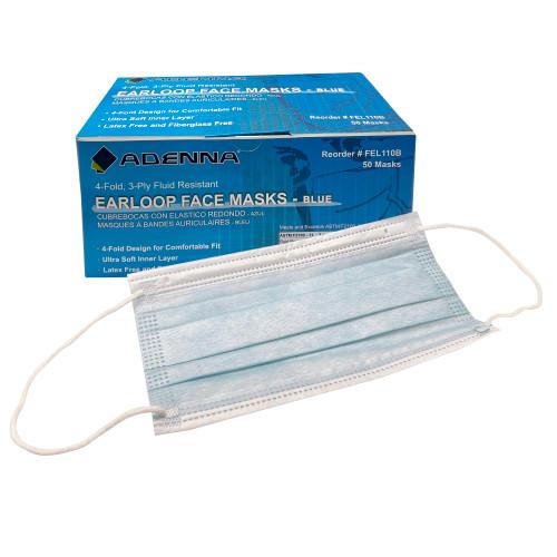 Blue Earloop Face Mask  Adenna  3-Ply 4-Fold 50 bx  10 bxs c