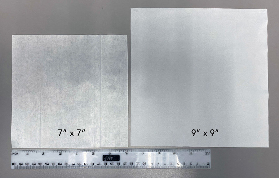 A diagram showing various cleanroom wiper sizes, including 4x4, 6x6, 9x9, and 12x12 inches.